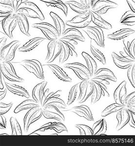 Seamless pattern. Lily flower drawings. Black and white with line art on white backgrounds. Hand Drawn Botanical Illustration.. Vector lilly seamless pattern. Black and white with line art on white backgrounds.