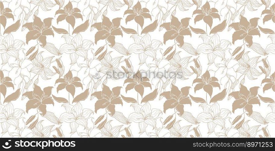Seamless pattern. Lily flower hand drawing background. Floral Seamless Pattern with hand drawn golden flowers lilly