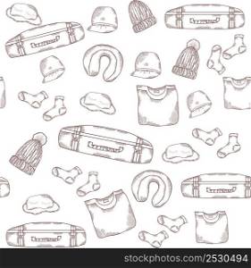Seamless pattern. Line and stroke on white background things and tourism. Everything for travel - a suitcase, clothes, socks and a hat. Packaging, design and printing. Vector
