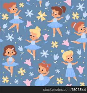 Seamless pattern little ballerinas. Young beautiful dancers in ballet tutus, girls in dresses and pointe shoes, flowers and plants. Decor textile, wrapping paper and wallpaper, vector print or fabric. Seamless pattern little ballerinas. Young beautiful dancers in ballet tutus, girls in dresses and pointe shoes, flowers and plants. Decor textile, wrapping paper and wallpaper, vector print