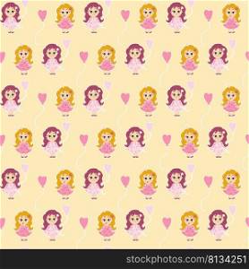 Seamless pattern little Girls. girl with a balloon and a baby princess with her tongue hanging out and long hair on yellow background. Vector. Kids collection for design, textile, packaging, wallpaper