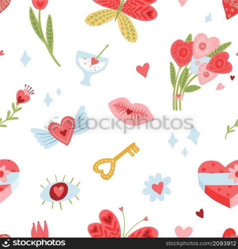 Seamless pattern love elements. Sweety hearts, kisses and flowers, color doodles signs, valentine day backdrop, cute romantic symbols. Decor textile, wrapping paper wallpaper, vector print or fabric. Seamless pattern love elements. Sweety hearts, kisses and flowers, color doodles signs, valentine day backdrop, cute romantic symbols. Decor textile, wrapping paper, vector print or fabric