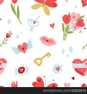 Seamless pattern love elements. Sweety hearts, kisses and flowers, color doodles signs, valentine day backdrop, cute romantic symbols. Decor textile, wrapping paper wallpaper, vector print or fabric. Seamless pattern love elements. Sweety hearts, kisses and flowers, color doodles signs, valentine day backdrop, cute romantic symbols. Decor textile, wrapping paper, vector print or fabric