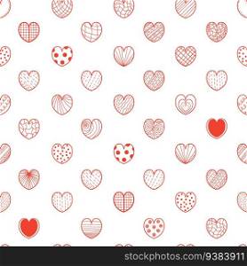 Seamless pattern love. Romantic hearts on white background. Vector illustration in linear doodle style for holiday design, decor, valentines, wallpaper, textile, packaging