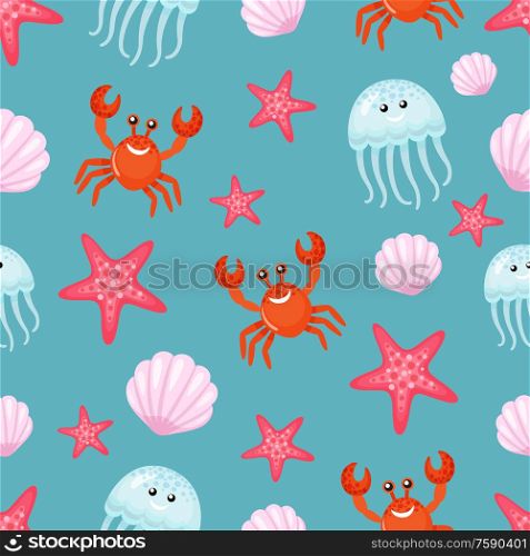 Seamless pattern made of aquatic animals vector, crab and jellyfish, seashell and starfish. Seastar and wild marine creature with funny faces on blue. Crab and Jellyfish, Seashell and Sea Star Pattern
