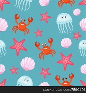 Seamless pattern made of aquatic animals vector, crab and jellyfish, seashell and starfish. Seastar and wild marine creature with funny faces on blue. Crab and Jellyfish, Seashell and Sea Star Pattern