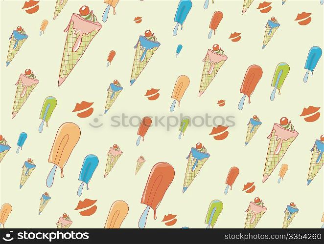 Seamless Pattern made of cool hand-drawn ice creams in different colors in retro style . Vector illustration