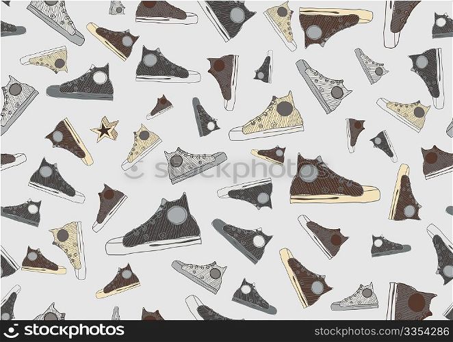 Seamless Pattern made of cool hand-drawn sport shoes in retro style. Vector illustration.