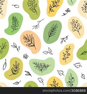 Seamless pattern made of hand drawn leaves, branches, herbs in shapes of natural colours. Sketch design for prints on paper, fabric. Seamless pattern made of leaves, twigs, herbs in eco colour shapes. Hand drawn design for prints on paper, fabric