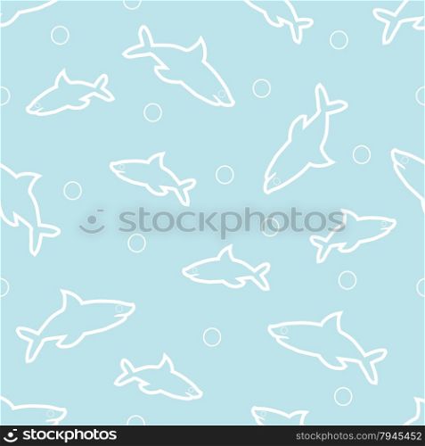 Seamless pattern made of sharks of different sizes on a blue background with circles