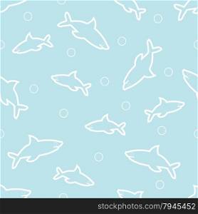 Seamless pattern made of sharks of different sizes on a blue background with circles