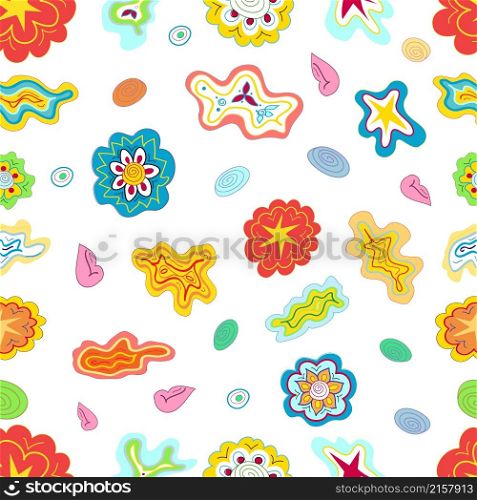 Seamless pattern made of simple colourful stylized flowers, stars, and clouds. Easy and funny childlike scribble, creative hand-drawn design, doodle ornaments for prints on textile, wrapping paper. Seamless pattern made of stylized flowers, stars, and clouds. Hand-drawn doodle ornaments for prints on textile, wrapping paper