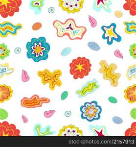 Seamless pattern made of simple colourful stylized flowers, stars, and clouds. Easy and funny childlike scribble, creative hand-drawn design, doodle ornaments for prints on textile, wrapping paper. Seamless pattern made of stylized flowers, stars, and clouds. Hand-drawn doodle ornaments for prints on textile, wrapping paper