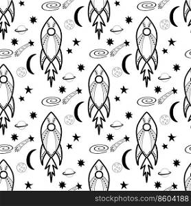 Seamless pattern made with doodle rockets, planets, stars, comets. Isolated on white. Vector stock illustration.. Seamless pattern made with doodle rockets, planets, stars, comets. Isolated on white background. Vector stock illustration.