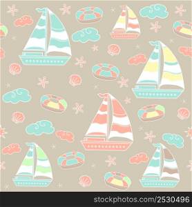 Seamless pattern. Marine theme with ships and clouds on a colored background. Packaging, design, design and printing. Vector seamless pattern. For birthday, anniversary.