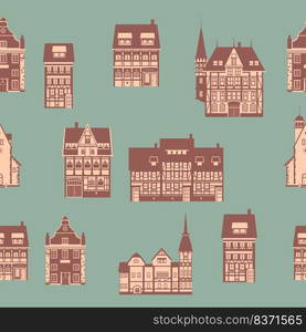 Seamless pattern medieaval old city, flat style. Autumn landscape city architecture. Wrapping paper, wallpaper background. Seamless pattern medieaval old city, flat style. Autumn landscape city architecture