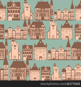 Seamless pattern medieaval old city, flat style. Autumn landscape city architecture. Wrapping paper, wallpaper background. Seamless pattern medieaval old city, flat style. Autumn landscape city architecture