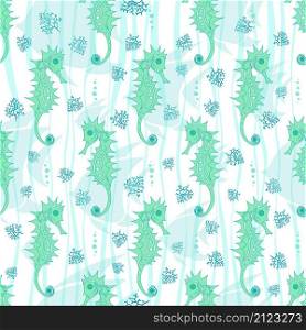 Seamless pattern. Menthol contour seahorse, fish, seaweeds, waves and bubbles on white backround. Vector illustration.