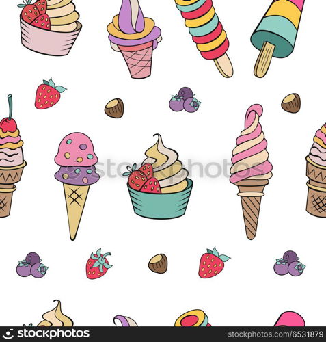 Seamless pattern. Miscellaneous ice cream with fruit, nuts and t. Seamless pattern on white background. Hand-drawn ice cream. Miscellaneous ice cream with topping, nuts, berries, chocolate and cookies. Vector illustration of Doodle.