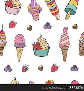 Seamless pattern. Miscellaneous ice cream with fruit, nuts and t. Seamless pattern on white background. Hand-drawn ice cream. Miscellaneous ice cream with topping, nuts, berries, chocolate and cookies. Vector illustration of Doodle.