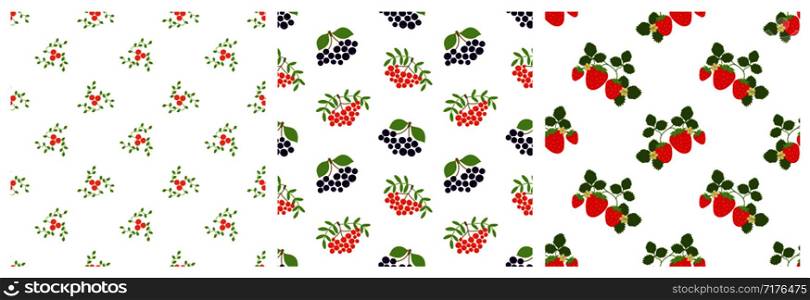 Seamless pattern. Mountain ash, viburnum, black chokeberry, rowan and strawberry. Vector berries. Natural fashion print. Design elements for textile or clothes. Hand drawn doodle repeating delicacies. Food background patterns. Vegan menu