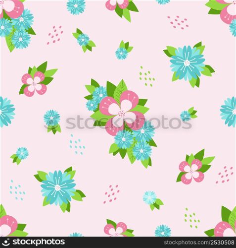 Seamless pattern. Multicolored flowers and leaves on a light pink background. Vector illustration. Botanical blooming pattern For decor, design, wallpaper, textile and print, Packaging, textile