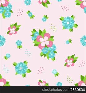 Seamless pattern. Multicolored flowers and leaves on a light pink background. Vector illustration. Botanical blooming pattern For decor, design, wallpaper, textile and print, Packaging, textile