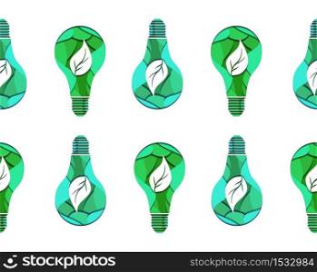 Seamless pattern of 3d ecological light bulb with leaves cut from paper on white background. Vector texture for your creativity. Seamless pattern of 3d ecological light bulb with leaves cut from paper on white background