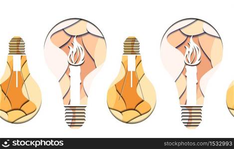 Seamless pattern of 3d Illustration of light bulb with burning candle cut from paper on white background. Vector texture for your creativity. Seamless pattern of 3d Illustration of light bulb with burning candle cut from paper on white background.