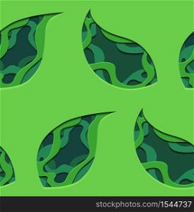 Seamless pattern of 3d tree leaf cut out from paper on green background. Vector texture for wrapper, wallpaper, textile and your creativity.. Seamless pattern of 3d tree leaf cut out from paper on green background. Vector texture