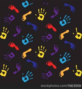 Seamless pattern of a colorful footprints On Black Background.