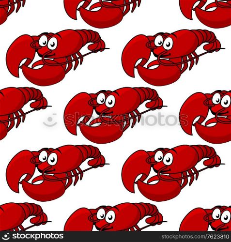 Seamless pattern of a fresh bright red boiled lobster being prepared for a seafood dinner, cartoon illustration isolated on white in square format suitable for wallpaper or textile