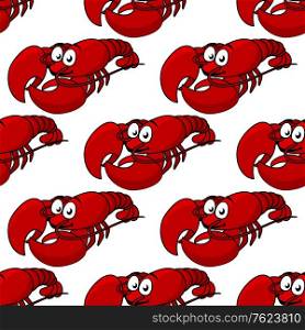 Seamless pattern of a fresh bright red boiled lobster being prepared for a seafood dinner, cartoon illustration isolated on white in square format suitable for wallpaper or textile
