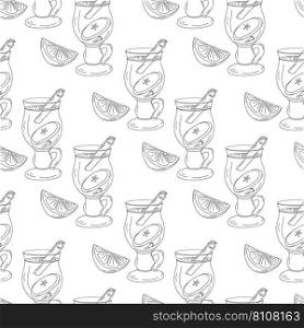 Seamless pattern of a glass cup with mulled wine, lemon and apple slices and cinnamon stick. Freehand outline drawing elements. Mulled wine day. Happy Wine day. Isolate. Design for wrapping or label.