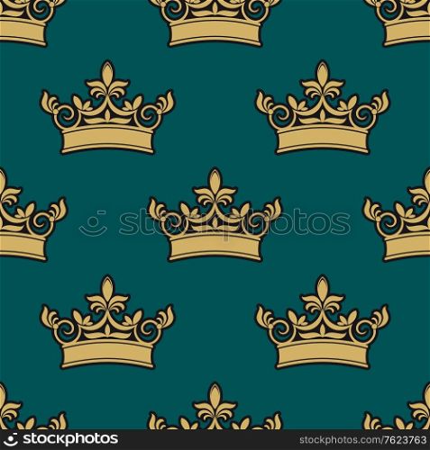Seamless pattern of a golden crowns depicting royalty on a green background in square format suitable for wallpaper, textile or tiles design