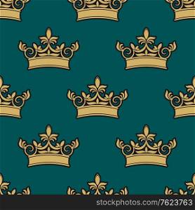 Seamless pattern of a golden crowns depicting royalty on a green background in square format suitable for wallpaper, textile or tiles design