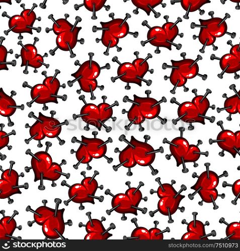 Seamless pattern of a nail studded red heart. Symbolic of the pain of love