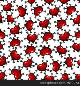 Seamless pattern of a nail studded red heart. Symbolic of the pain of love