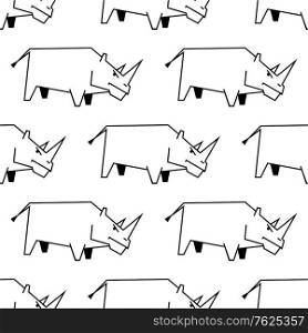 Seamless pattern of a stylized sketch black and white outline drawing of a rhinoceros in side view. Seamless pattern of a stylized rhinoceros