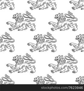 Seamless pattern of a vintage heraldic lion in profile with a curly mane and swirling tail , black and white line illustration in square format suitable for wallpaper and textile