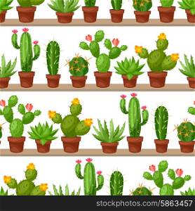 Seamless pattern of abstract cactuses in flower pot on shelves. Seamless pattern of abstract cactuses in flower pot on shelves.