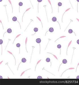 Seamless pattern of abstract tiny minimalist violet flowers with pink leaves.Cute floral background with delicate little pastel flower. Modern hand drawn small flowers for paper, textile. Simple print