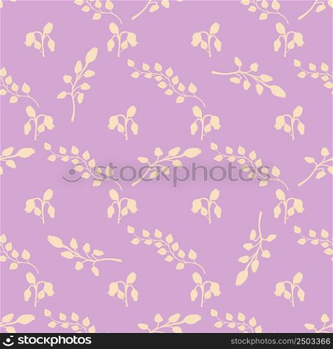 Seamless pattern of abstraction of leaves, bell flowers, branches on a bright pink background for printing. Seamless pattern of leaves, flowers of bluebells