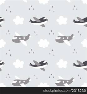 Seamless pattern of airplane in sky. Cloud and rain. Gray background for sewing children clothing. Wallpaper for the boy room. Printing on fabric, textiles and packaging paper.