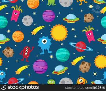 Seamless pattern of alien with ufo and planet in space galaxy background - Vector illustration