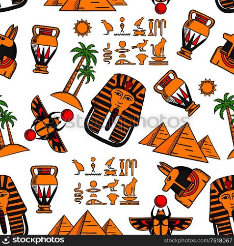 Seamless pattern of ancient egyptian hieroglyphics, pharaoh masks and god of death anubis, desert landscape with pyramids, palms and sun, scarab amulets and amphoras on white background. Seamless pattern of ancient egyptian ornaments