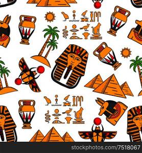 Seamless pattern of ancient egyptian hieroglyphics, pharaoh masks and god of death anubis, desert landscape with pyramids, palms and sun, scarab amulets and amphoras on white background. Seamless pattern of ancient egyptian ornaments