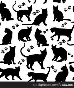 Seamless pattern of animals. Cats pattern on white. . Cat seamless pattern
