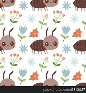 Seamless pattern of ant, red blue flowers and green leaf on white background vector illustration. Cute hand drawn floral pattern. Vector illustration