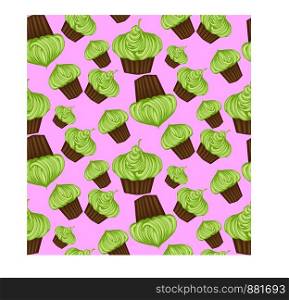 Seamless pattern of appetizing cupcakes with green cream. Seamless pattern of appetizing cupcakes with green cream and mint